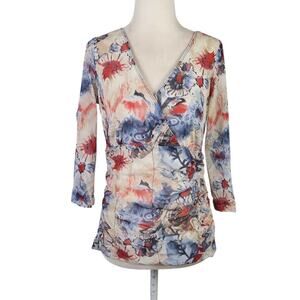 Vintage 90s/Y2K Libra Cream Blue Floral Wrap Style Mesh Top M